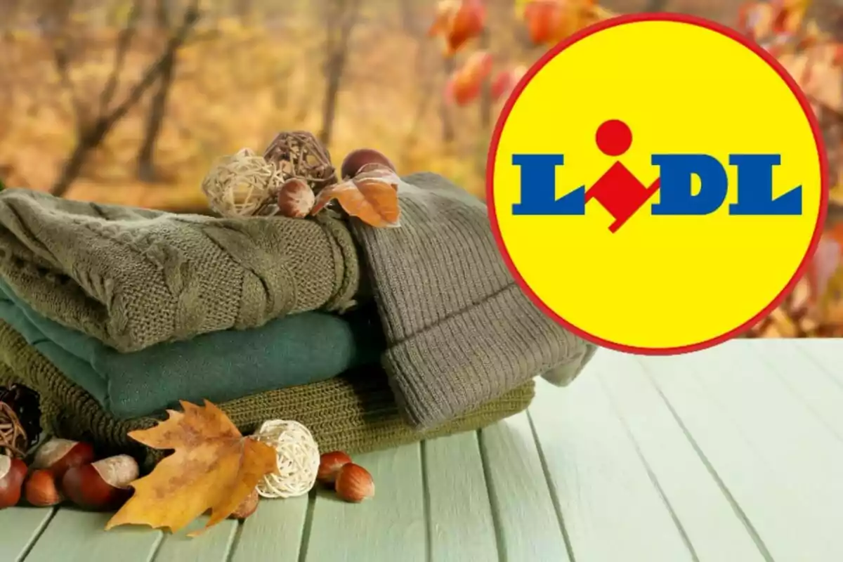 Roba de tardor en tons verds amb fulles i fruits secs sobre una taula de fusta amb el logo de Lidl a la cantonada.