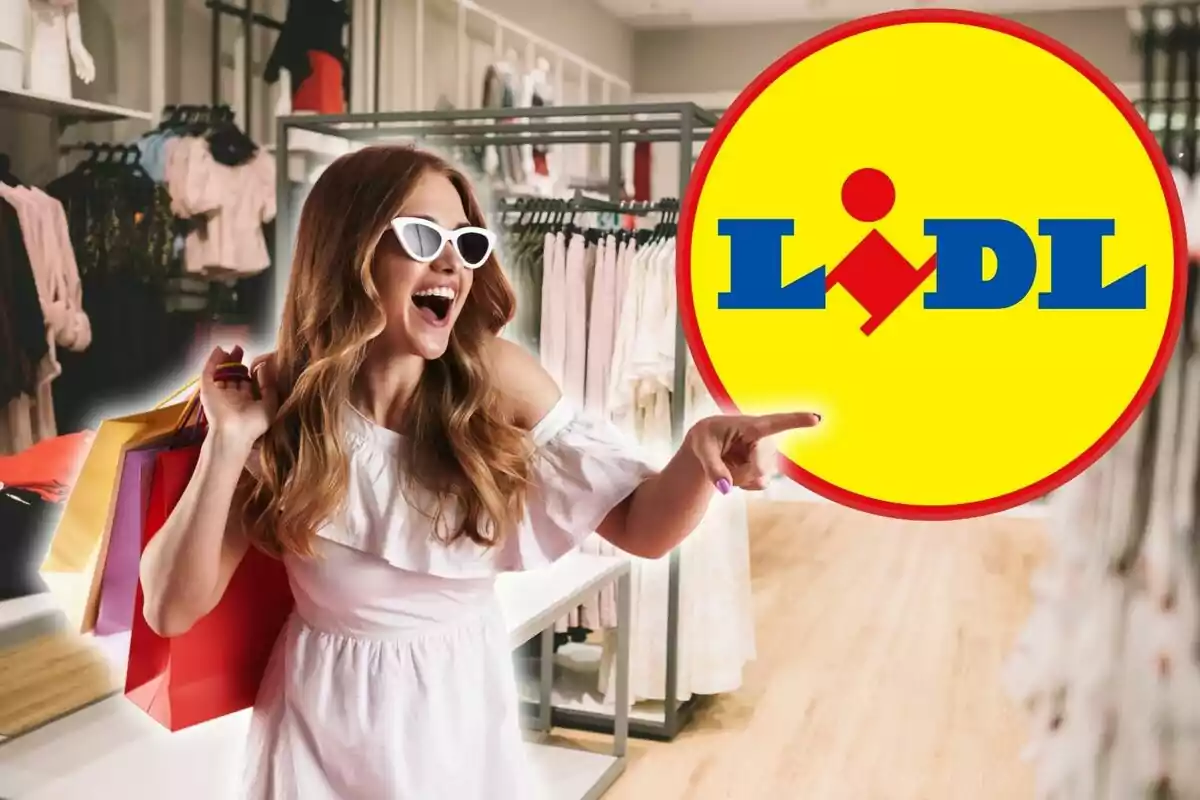 Smiling woman wearing white sunglasses and white dress, holding colorful shopping bags and pointing towards Lidl logo in a clothing store.