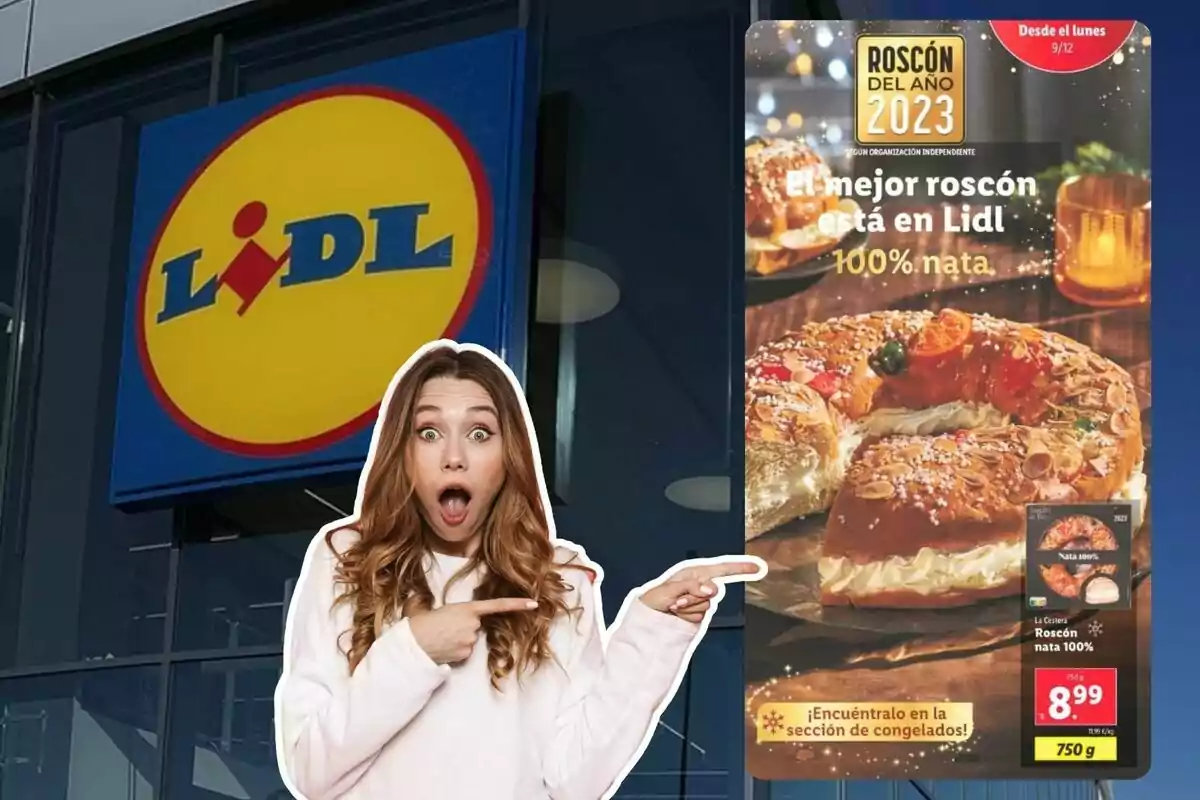 Una mujer sorprendida señala un cartel publicitario de Lidl que promociona un roscón de nata.