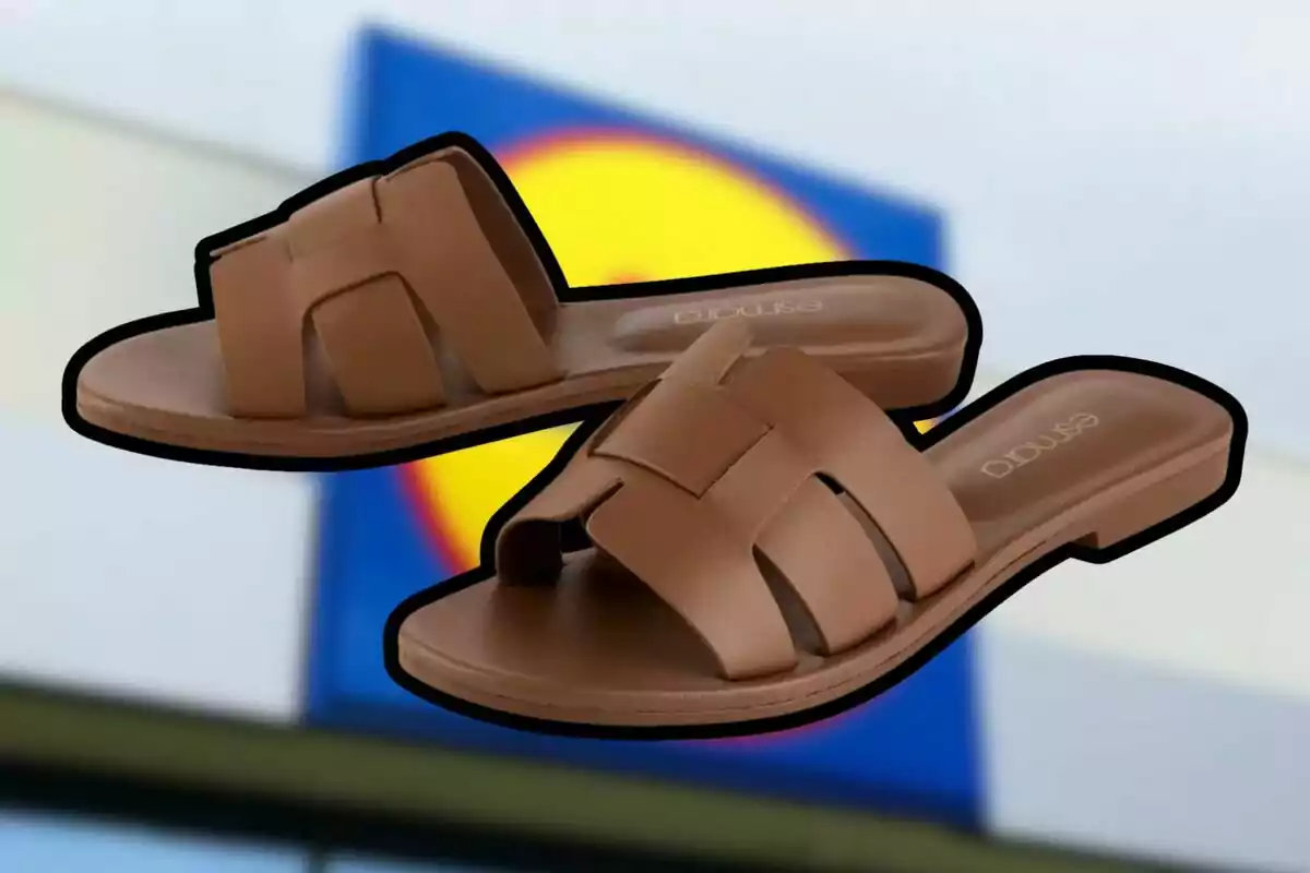 Un parell de sandàlies marrons amb disseny entrellaçat sobre un fons desenfocat de colors blau i groc. Un parell de sandàlies marrons amb disseny entrellaçat sobre un fons desenfocat de colors blau i groc.