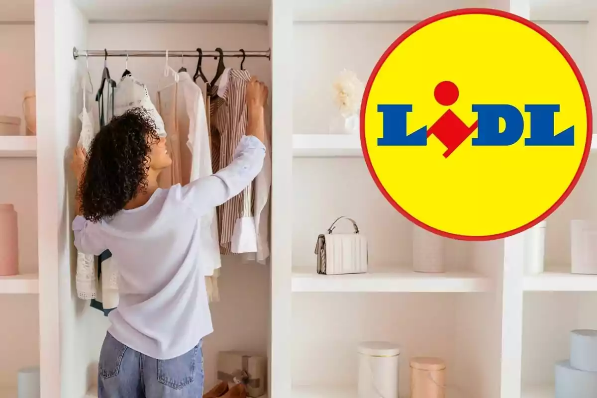 A person organizing clothes in a closet with the Lidl logo overlaid on the image.