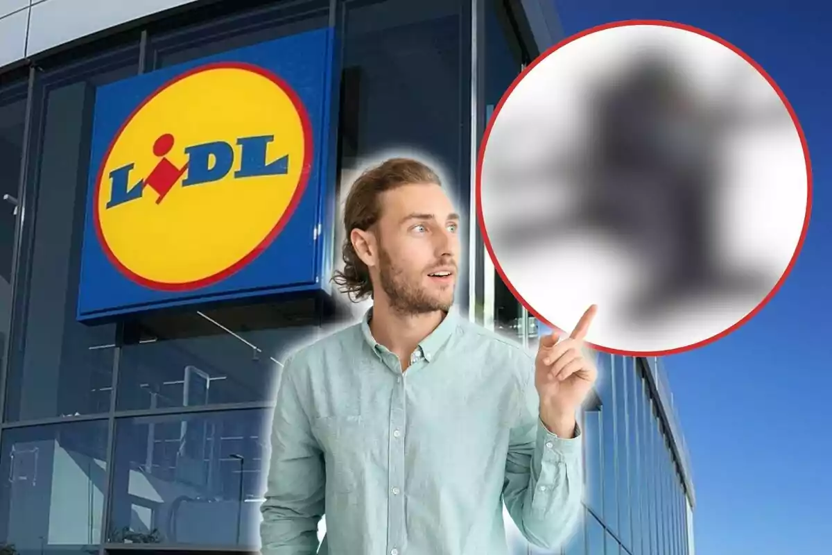 Un home amb camisa verda clar assenyala cap a un cercle borrós, amb el logotip de Lidl al fons.