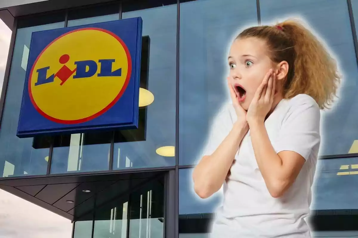 Surprised girl in front of a Lidl store.