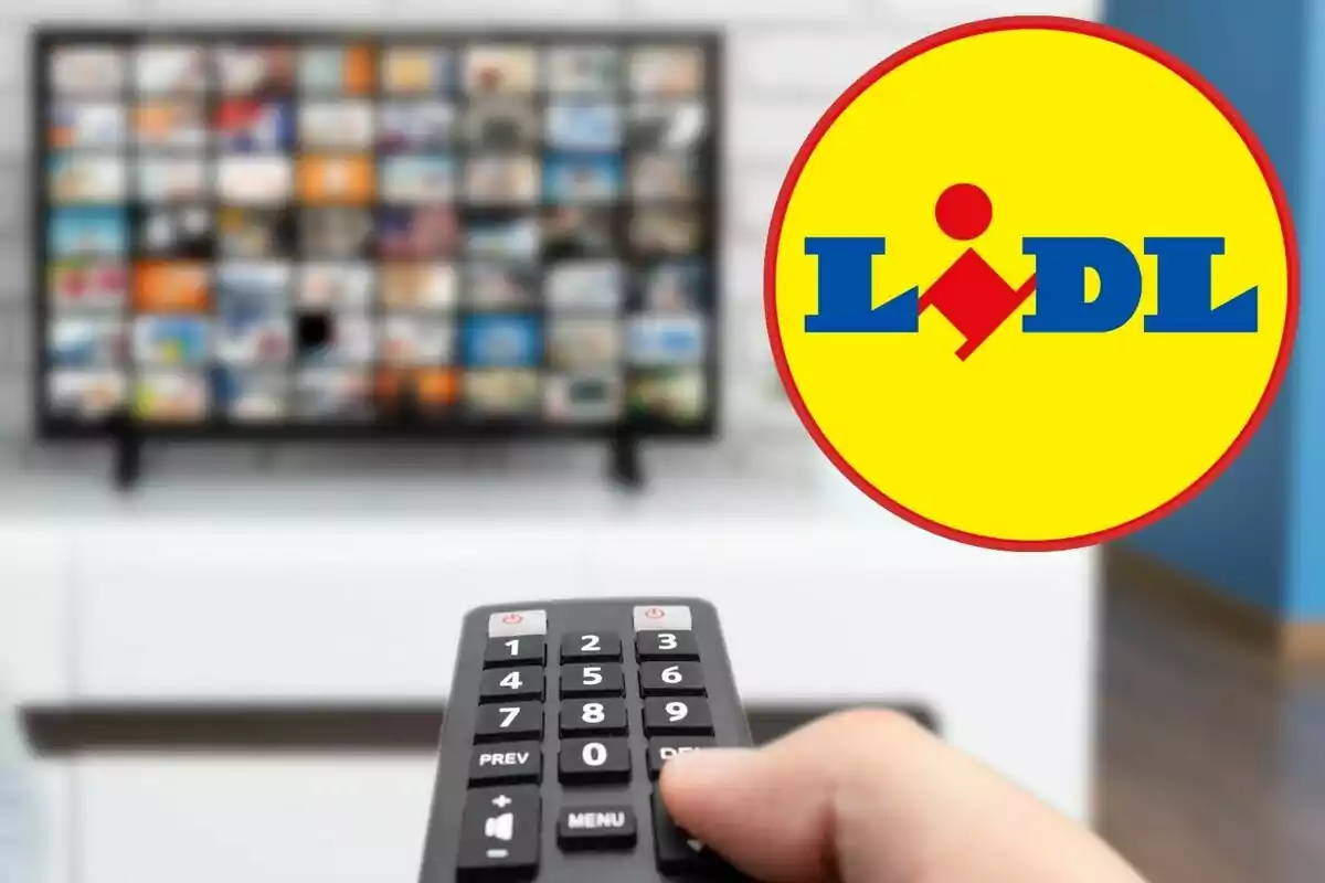 Control remot apuntant a una televisió amb el logo de Lidl a la cantonada dreta.