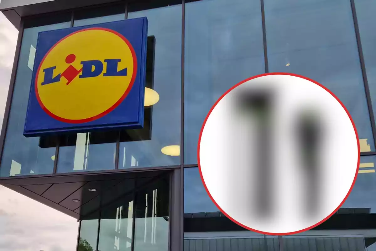 Imatge de la façana d'una botiga Lidl amb un logotip gran i colorit, i un cercle borrós a la cantonada inferior dreta.