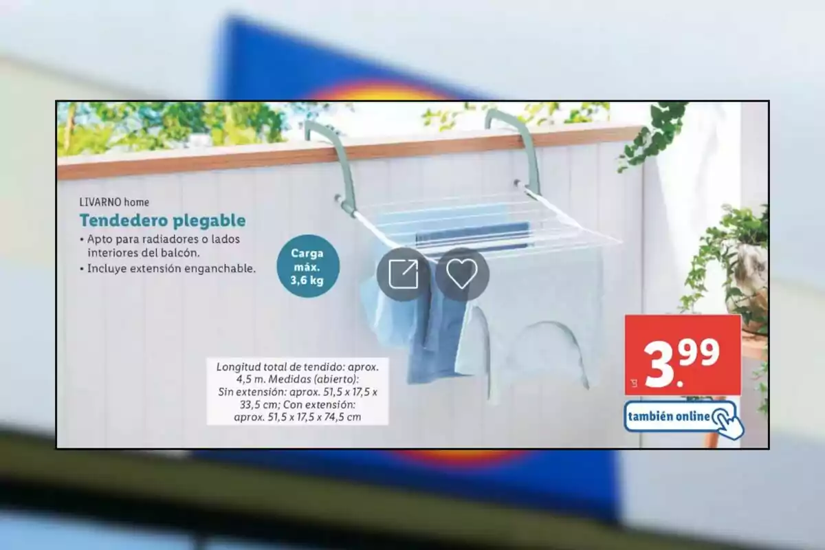 Image of a foldable drying rack by LIVARNO home, designed for radiators or balconies, with a maximum load capacity of 3.6 kg and priced at 3.99 euros, includes a clip-on extension and is shown hanging with clothes. Image of a foldable drying rack by LIVARNO home, designed for radiators or balconies, with a maximum load capacity of 3.6 kg and priced at 3.99 euros, includes a clip-on extension and is shown hanging with clothes.