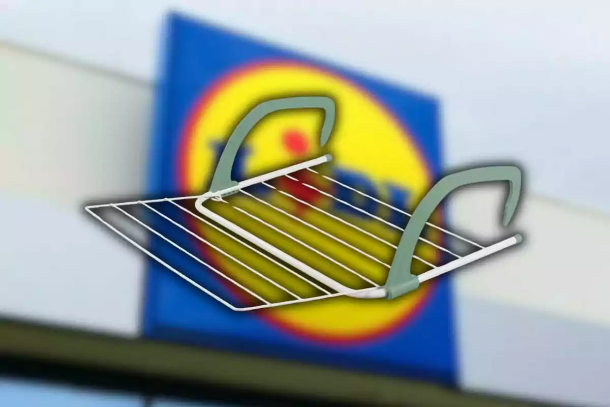 A metal shelf with green hooks appears over a blurred background of a supermarket logo. A metal shelf with green hooks appears over a blurred background of a supermarket logo.