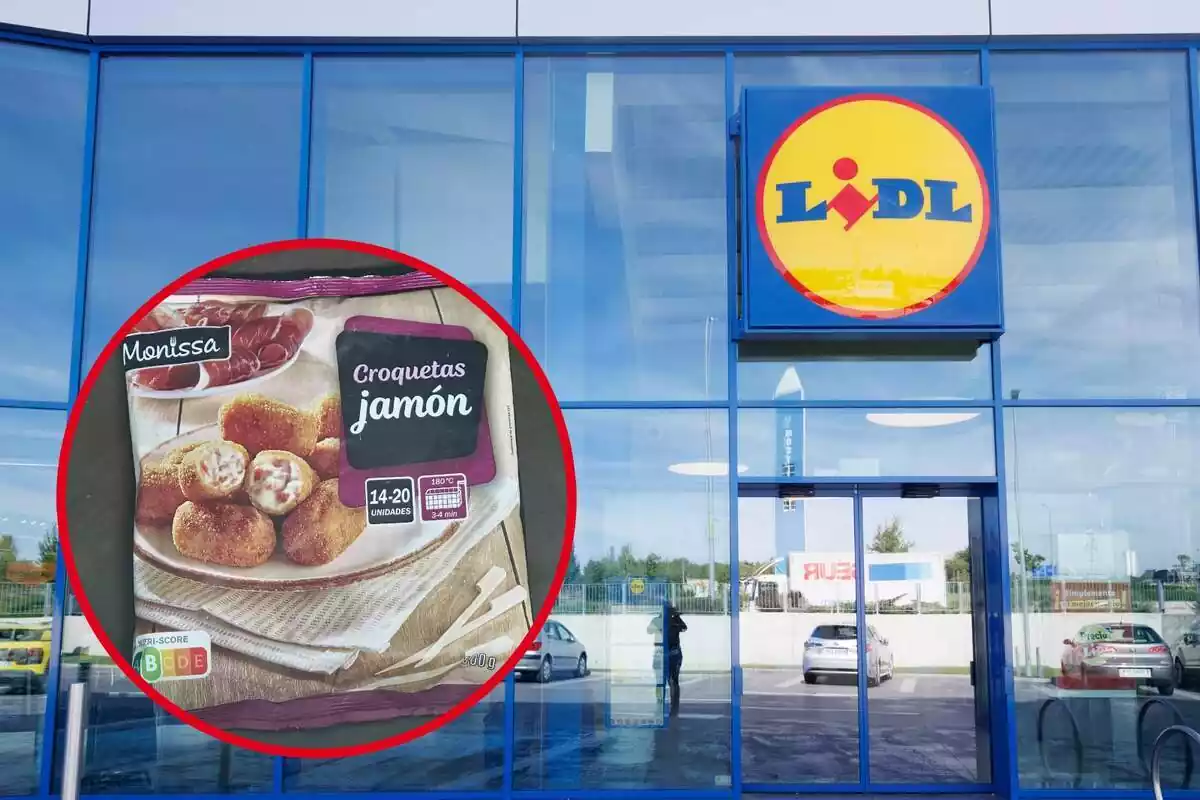 Muntatge amb una imatge de fons d´una botiga Lidl i unes croquetes de pernil Monissa