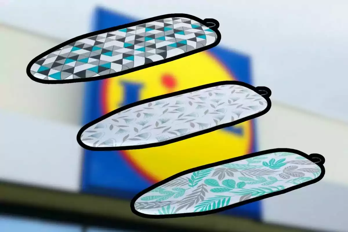 Three ironing board covers with different designs on a blurred background of a Lidl store Three ironing board covers with different designs on a blurred background of a Lidl store