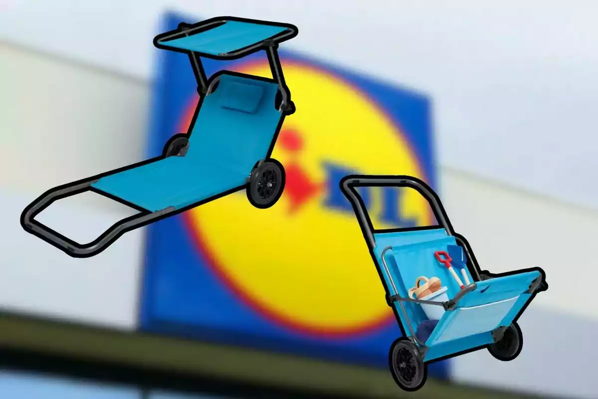 Dos carretons blaus multifuncionals amb rodes i tendal apareixen davant d’un rètol borros d’una botiga. Dos carretons blaus multifuncionals amb rodes i tendal apareixen davant d’un rètol borros d’una botiga.