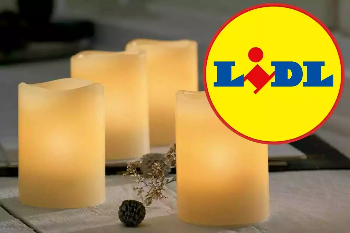 Velas LED encendidas en una mesa con el logotipo de Lidl en la esquina superior derecha. Velas LED encendidas en una mesa con el logotipo de Lidl en la esquina superior derecha.