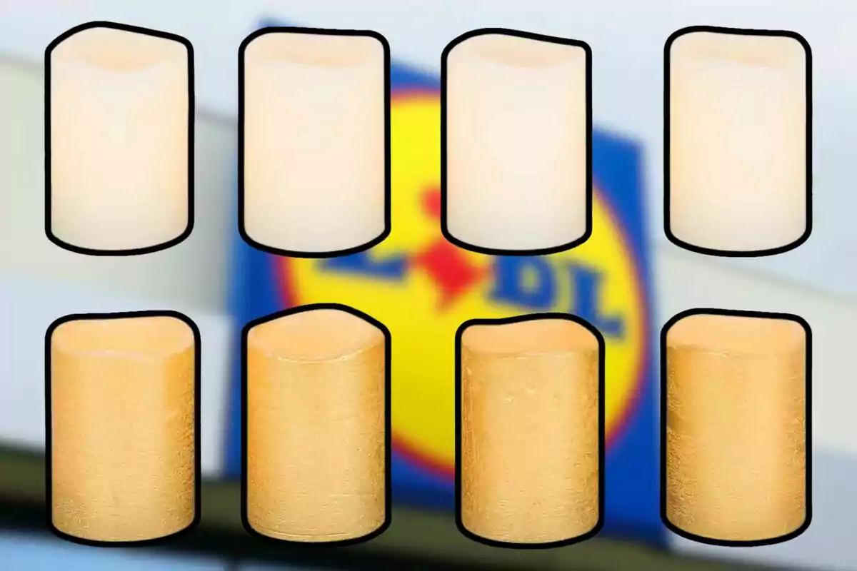 Ocho velas LED de diferentes tonos frente a un logotipo de supermercado. Ocho velas LED de diferentes tonos frente a un logotipo de supermercado.