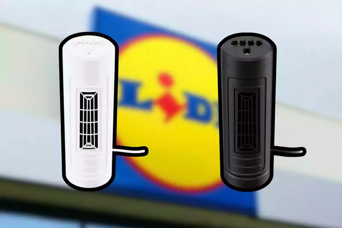 Dos ventiladors petits de color blanc i negre davant d’un cartell borros de la botiga Lidl Dos ventiladors petits de color blanc i negre davant d’un cartell borros de la botiga Lidl