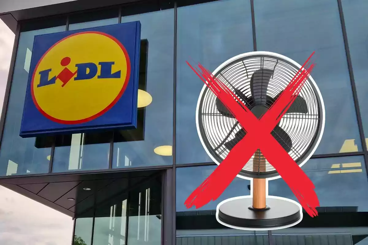 Logotip de Lidl a la façana d'una botiga amb una imatge d'un ventilador ratllat en vermell