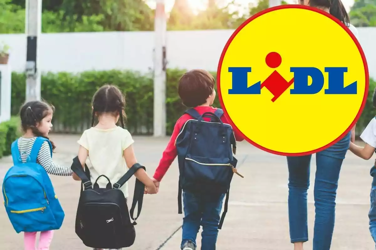 Nens amb motxilles caminant de la mà, amb el logotip de Lidl superposat a la imatge.