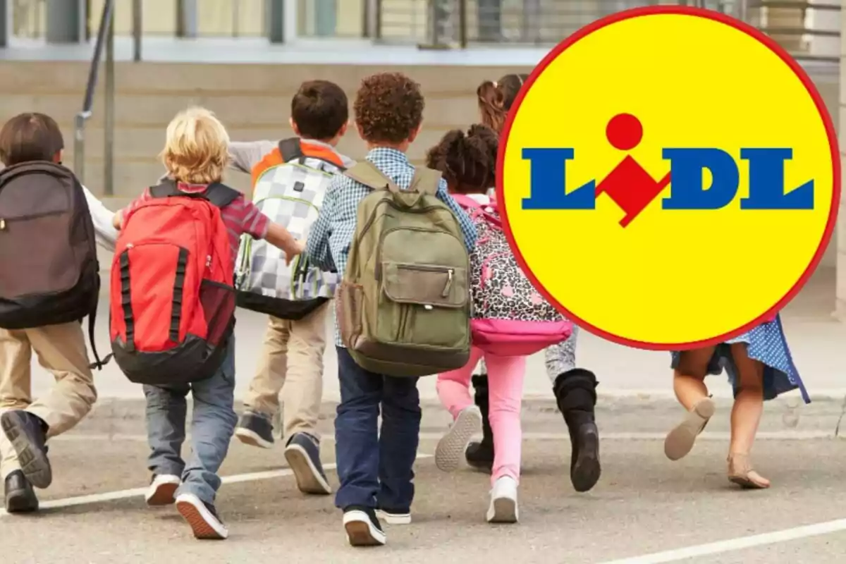 Nens amb motxilles caminant cap a un edifici amb el logotip de Lidl superposat.