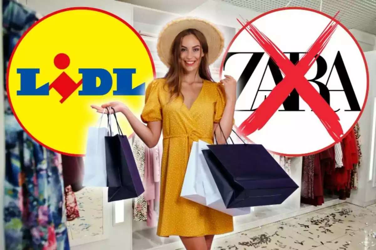 Smiling woman in yellow dress and hat holding shopping bags, with the Lidl logo on the left and the crossed out Zara logo on the right.