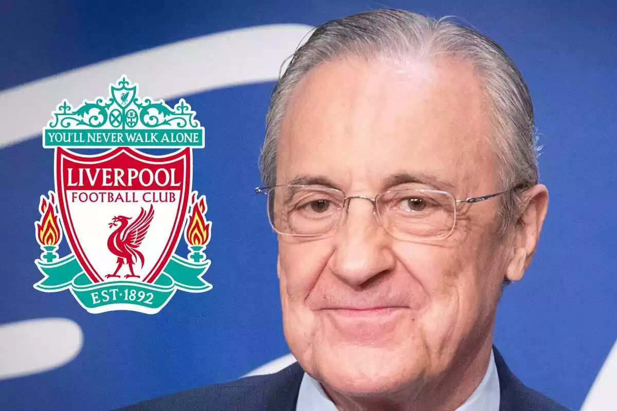 Muntatge de Florentino Pérez somrient mirant l'escut del Liverpool