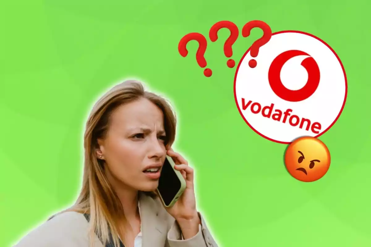 Dona parlant per telèfon amb expressió de confusió i enuig, logotip de Vodafone i emojis d'interrogació i enuig sobre fons verd.