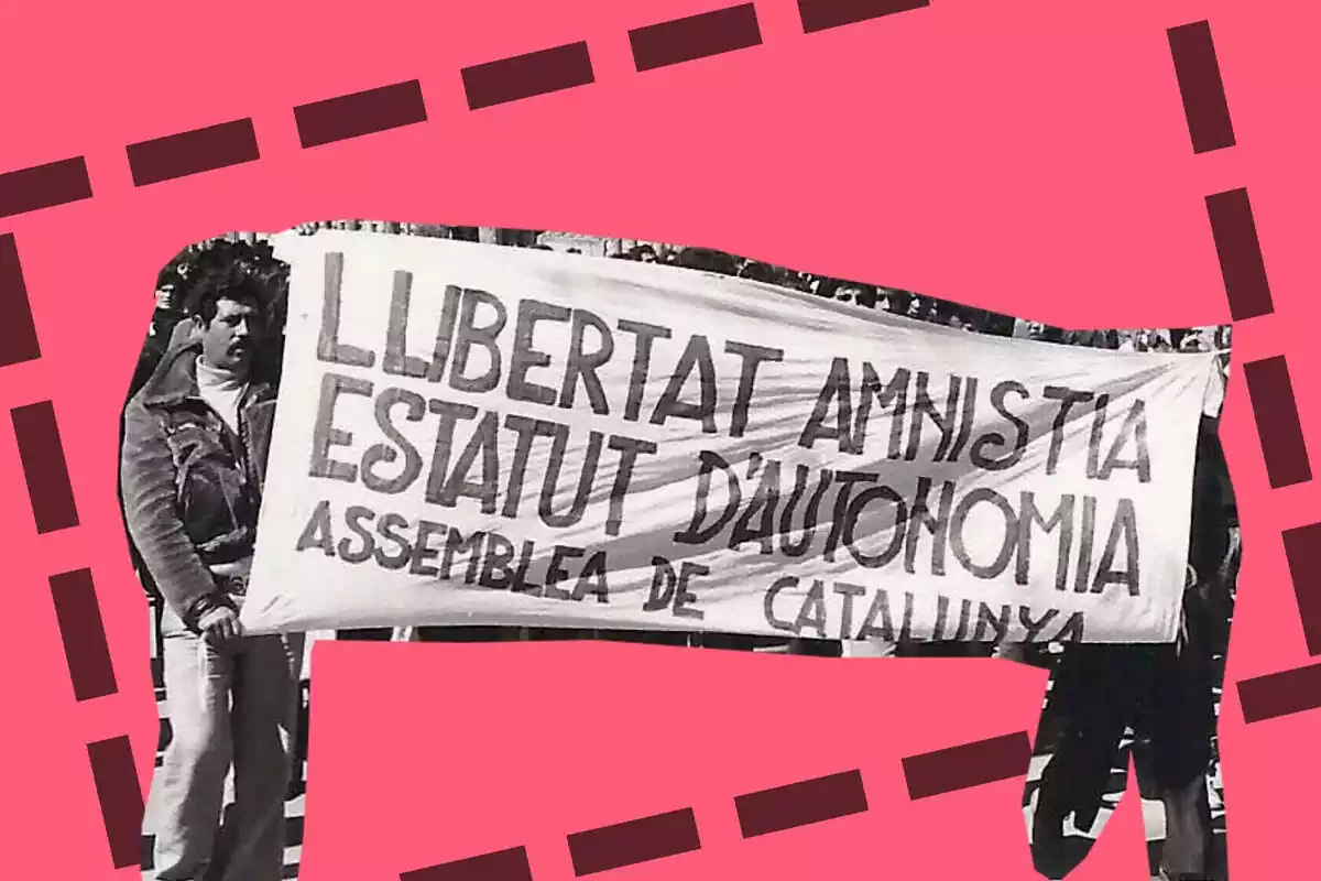 imatge de la pancarta de la manifestació de l'any 1976 amb el lema llibertat amnistia i estatut d'autonomia