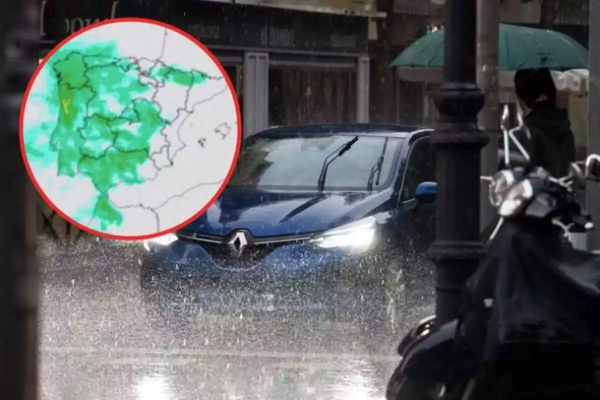 Imatge de fons d'un cotxe circulant sota la pluja i una altra d'un mapa d'Espanya, marcat en verd les zones on plourà