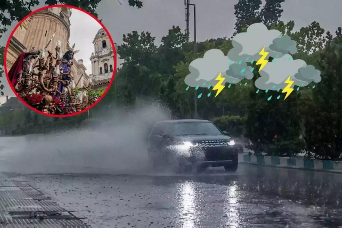 Imatge de fons d'un cotxe passant per una carretera amb aigua acumulada al costat d'una altra imatge d'una processó i unes emoticones de tempestes