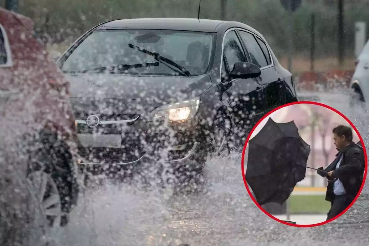 Imatge de fons d´un cotxe circulant per una carretera amb molta aigua i una altra d´una persona amb un paraigua