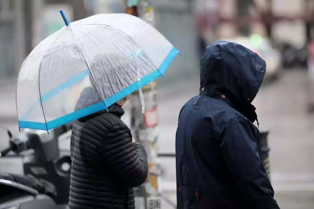 Dues persones abrigades es protegeixen de la pluja amb un paraigua