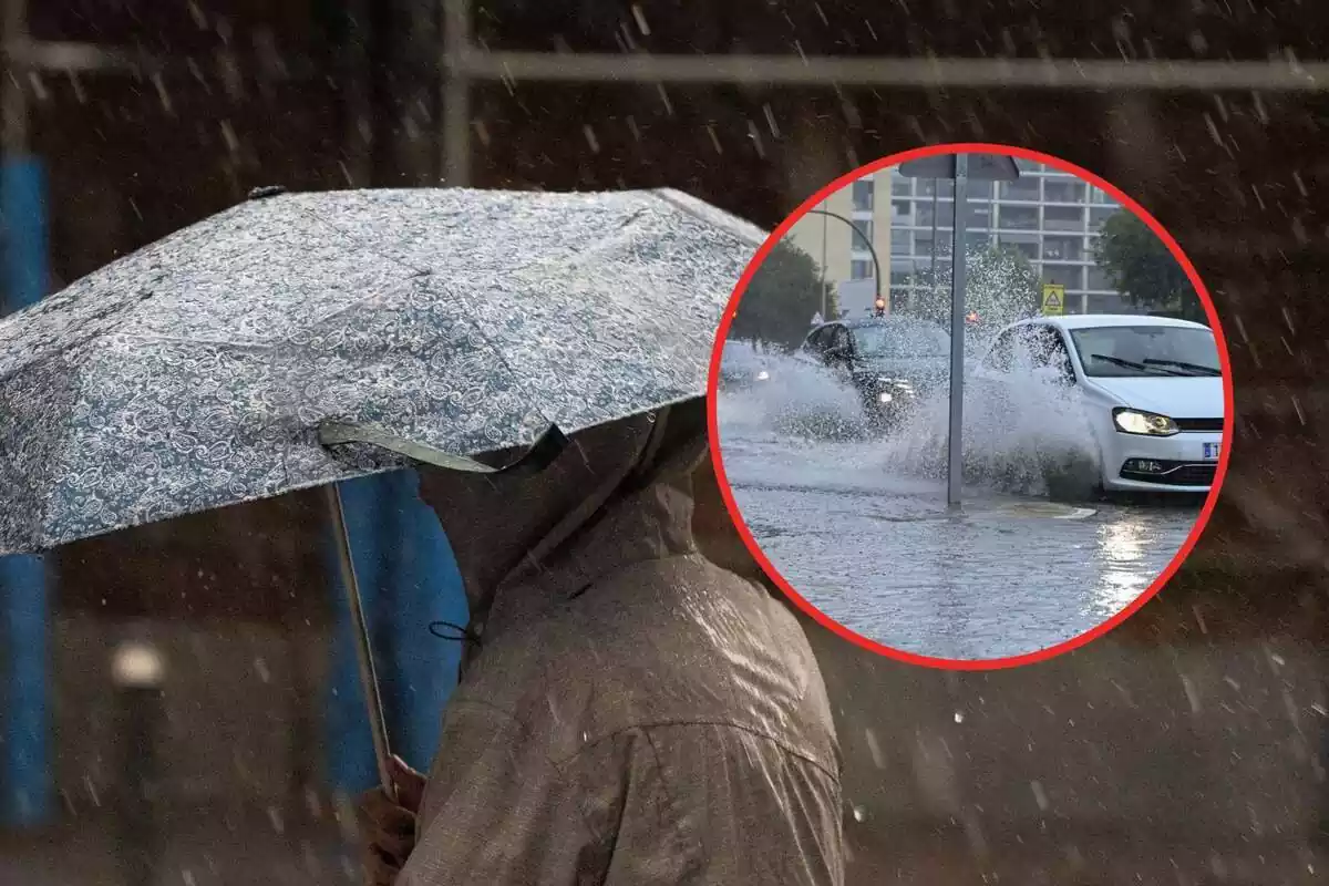 Muntatge amb una persona amb paraigües al mig de la pluja i cotxes travessant un toll