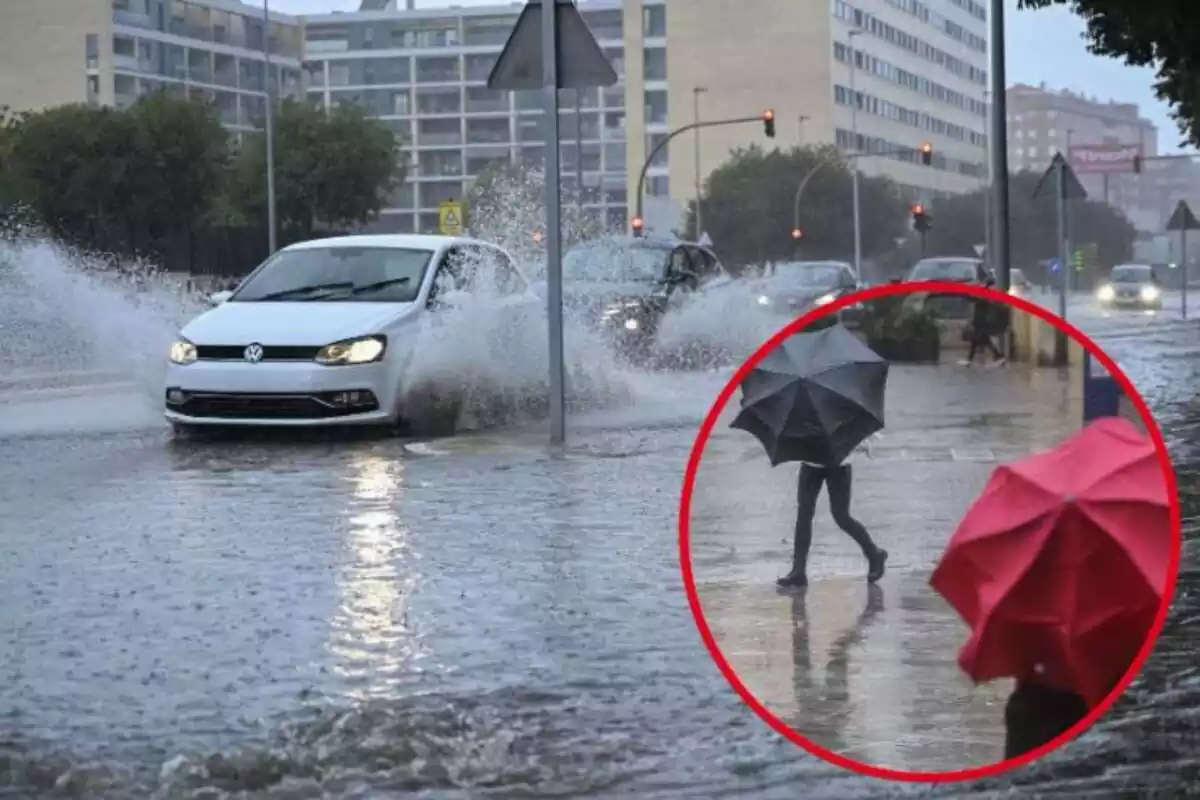 Imatge de fons de diversos cotxes circulant per carretera amb aigua i una altra de dues persones sota la pluja amb paraigües