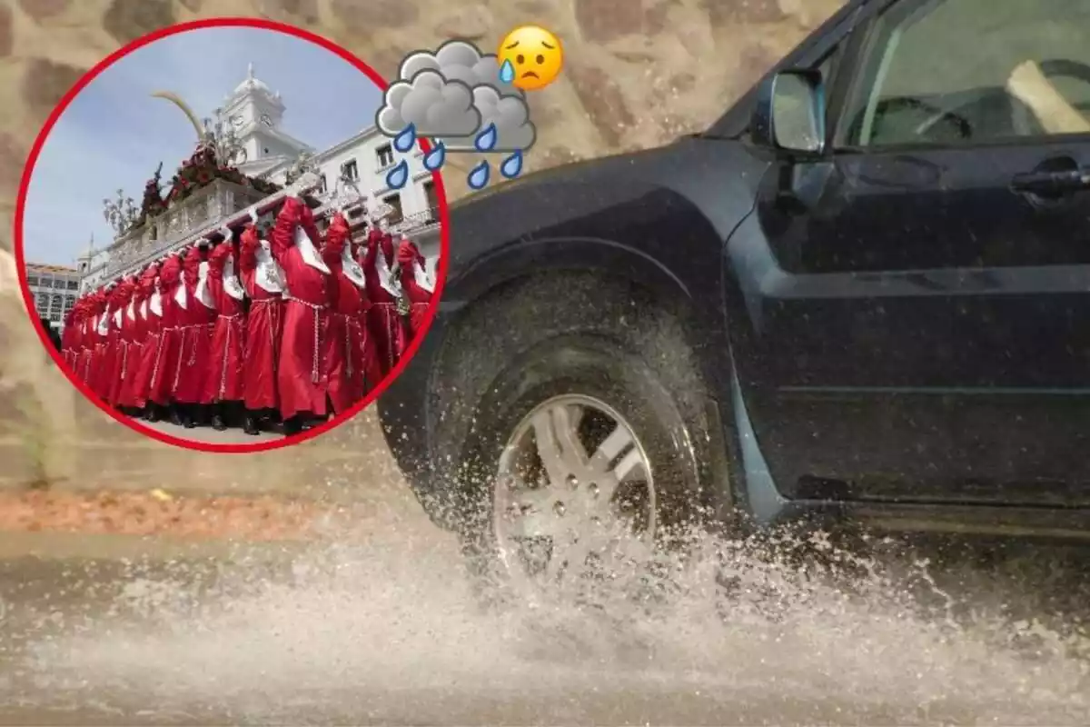 Imatge de fons d'un cotxe passant per un toll d'aigua i una altra imatge d'una processó a Ferrol, la Corunya, portant un sant, a més de dues emoticones, una de pluja i l'altra d'una cara preocupada