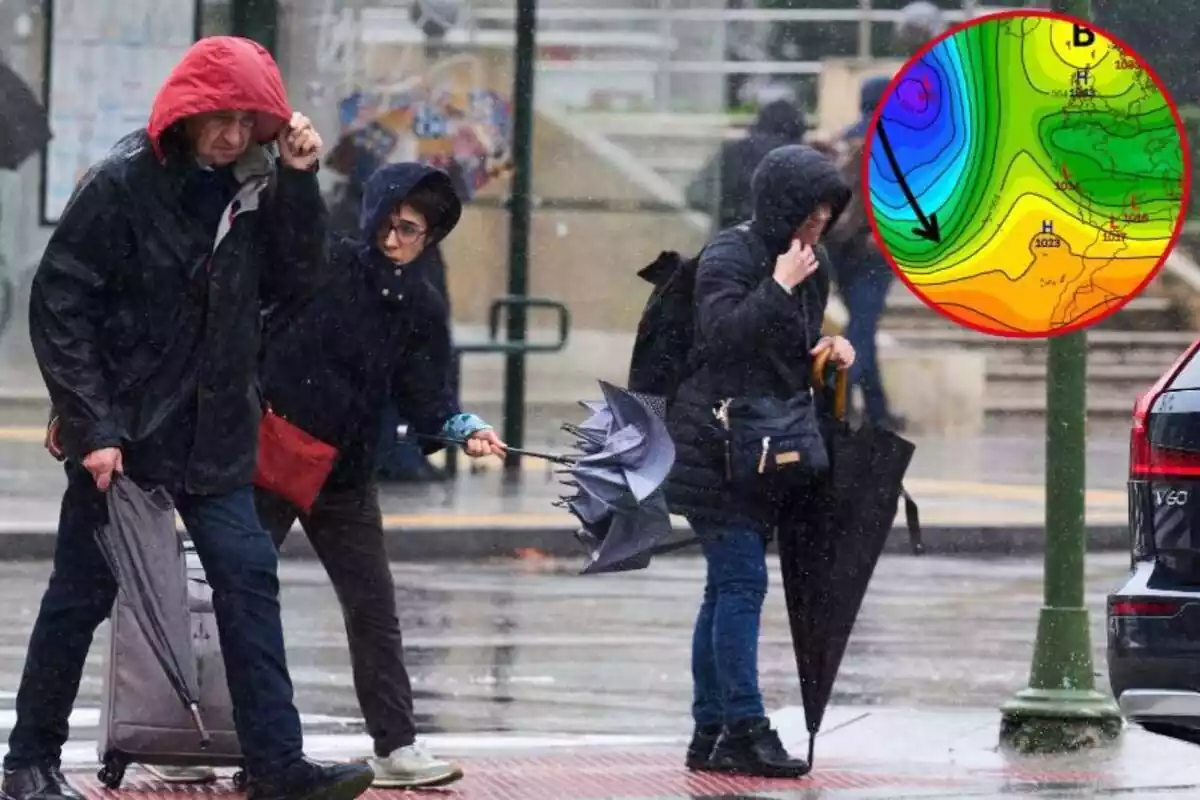 Imatge de fons de tres persones caminant pel carrer molt abrigats i amb paraigües, tapant-se de la pluja i el vent i una altra imatge d'un mapa de part d'Europa amb borrasques i pressions marcades