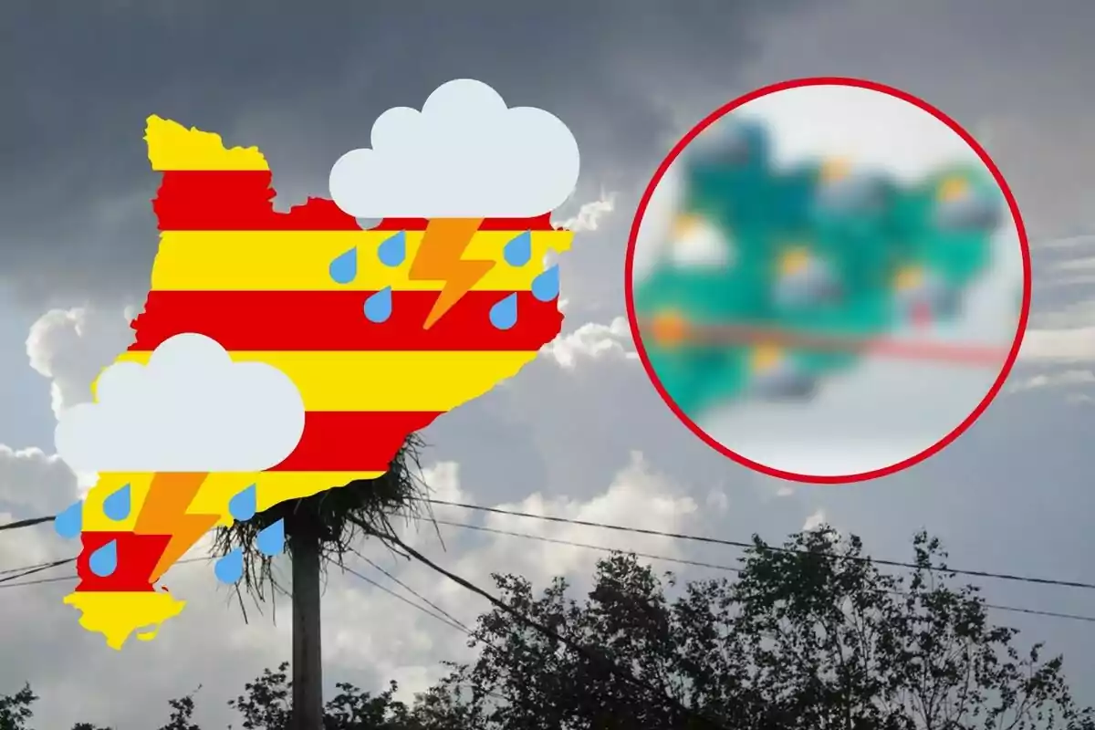 Mapa d´una regió amb símbols de núvols, pluja i raigs sobre un fons de cel ennuvolat i arbres.