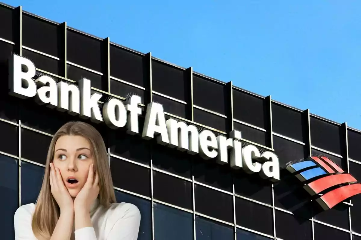 A woman with a surprised expression in front of a Bank of America building.