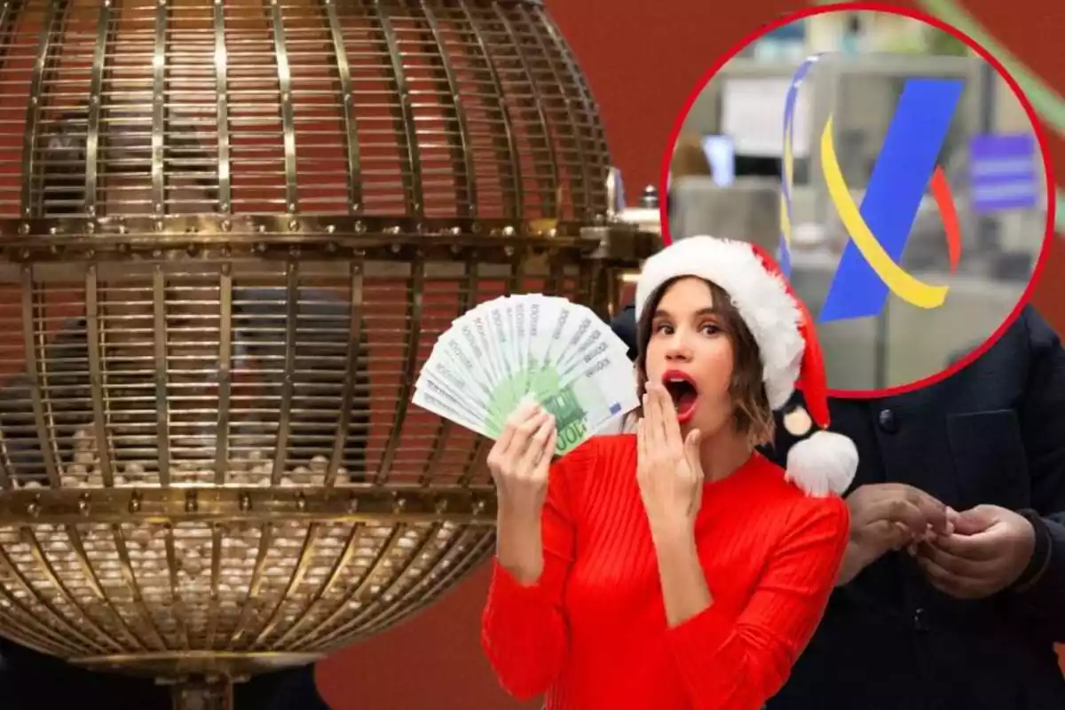 Imatge de fons d'un bombo de la loteria de Nadal amb una imatge d'un logo de l'Agència Tributària i una altra imatge d'una dona amb una gorra de Nadal i amb euros a la mà