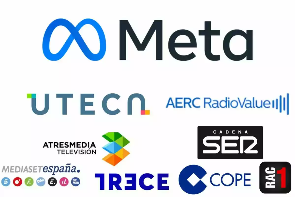 Logotips de diverses empreses de mitjans i tecnologia, incloent Meta, UTECA, AERC RadioValue, Atresmedia Televisió, Mediaset Espanya, Trece, Cadena SER, COPE i RAC1.