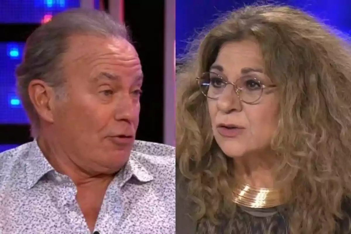Bertín Osborne i Lolita Flores conversant a Tu Cara Me Suena amb un fons il·luminat