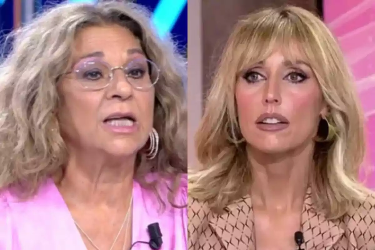 Dues dones en un programa de televisió, Lolita Flores amb cabell arrissat i ulleres i Emma García amb cabell laci i ros a Fiesta.