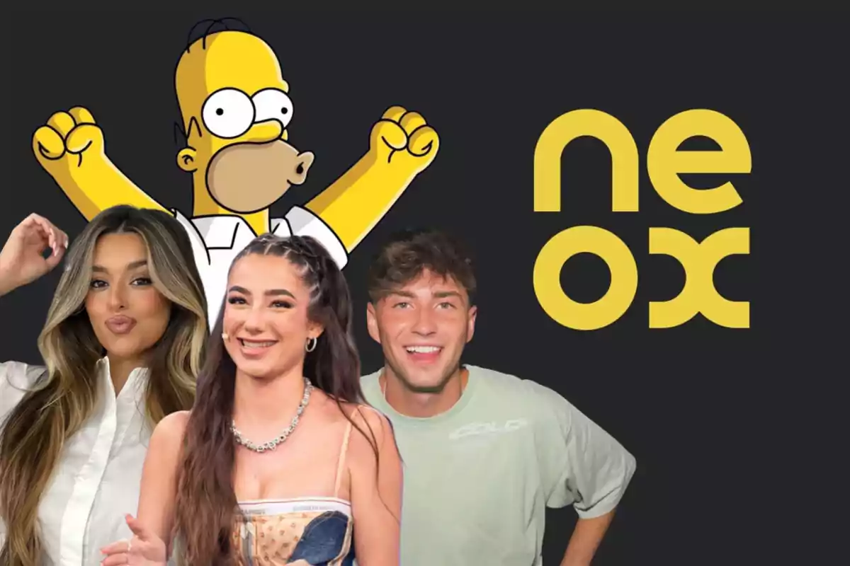 Marta Díaz, Lolalolita i Manu Regato davant d'un fons amb el logotip de Neox i Homer Simpson aixecant els braços.