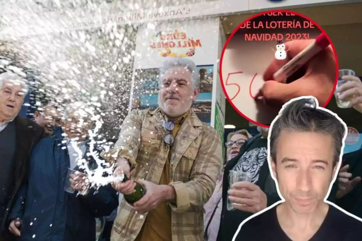 Imatge de fons de diverses persones celebrant amb cava i una altra del tiktoker Antonio Escabias i escrivint-ne un número