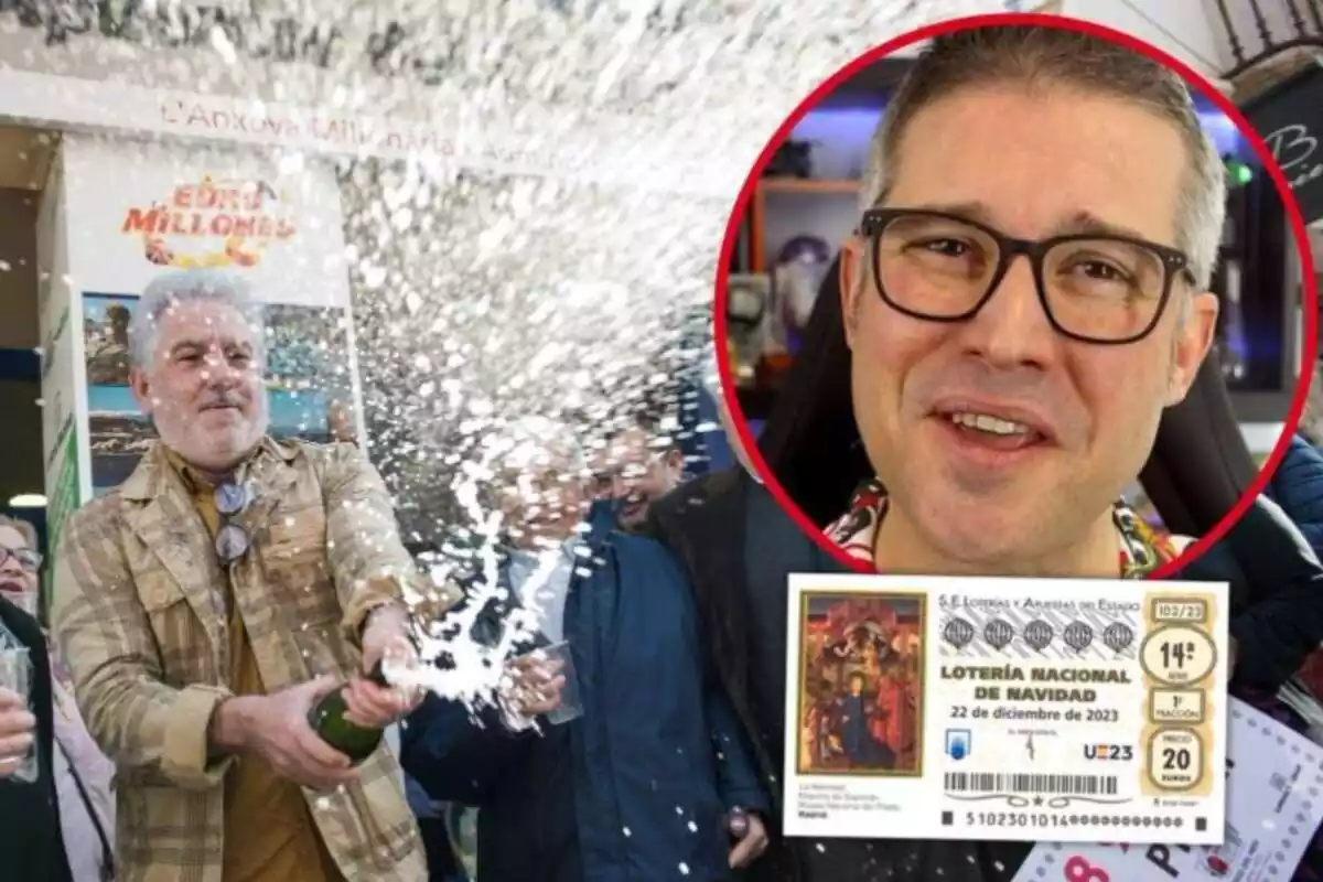 Imatge de fons de diverses persones celebrant un premi davant d'una administració de Loteria i una altra imatge de Johan de Professors de Ciències i una altra d'un dècim de Nadal