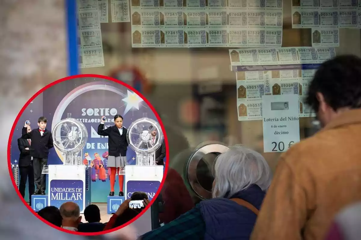 Imatge de fons de dues persones fent cua en una Administració de Loteria i una altra del Sorteig de la Loteria del Nen del 2023