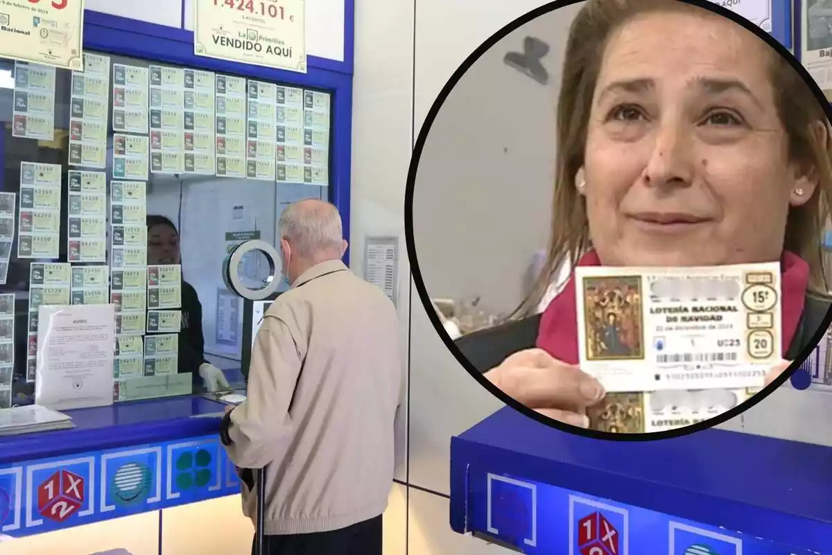 Imatge d'una dona amb un dècim de la Loteria de Nadal amb una administració de Loteries