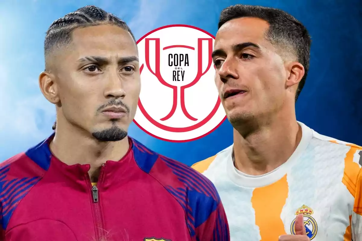Dos jugadores de fútbol con uniformes de equipos diferentes frente a un logo de la Copa del Rey.