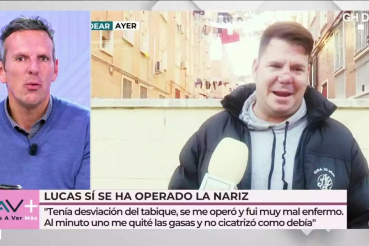 Joaquín Prat y Lucas, de Andy y Lucas aparecen en una imagen dividida, uno en un estudio de televisión y el otro al aire libre con un micrófono, con un texto en la parte inferior que menciona una operación de nariz.