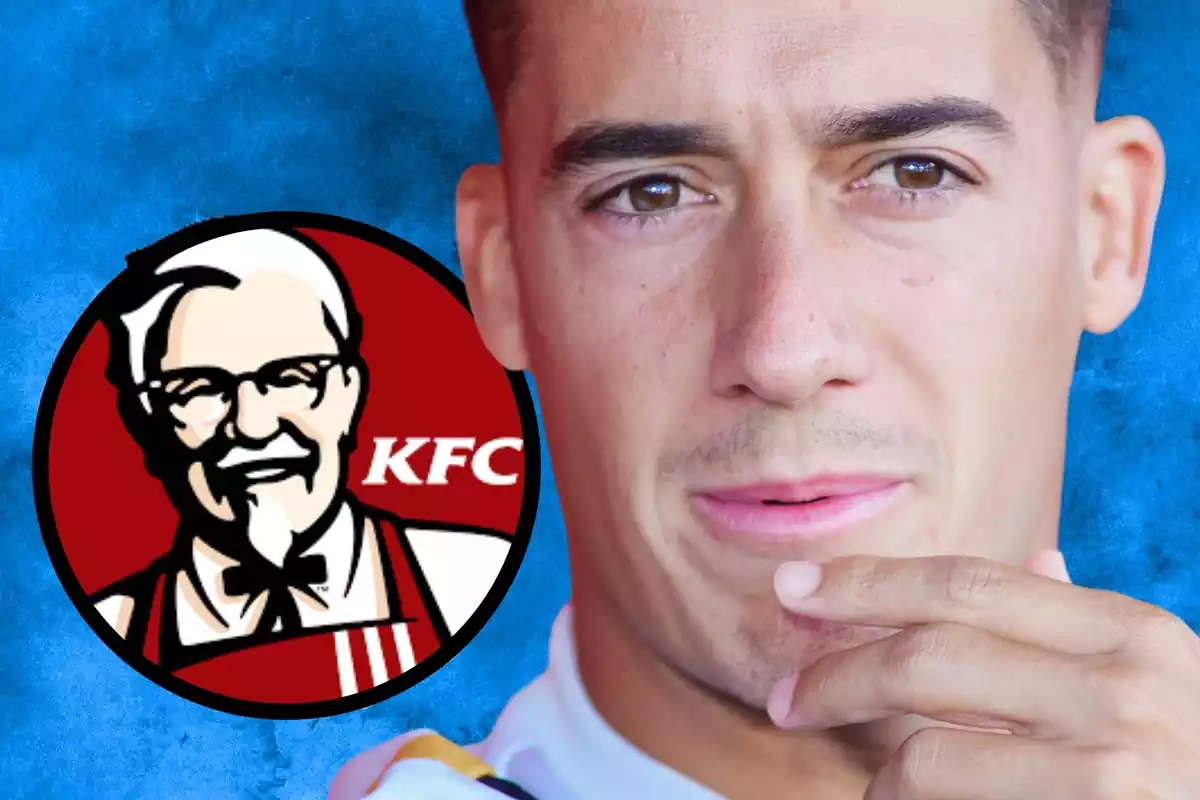 Lucas Vázquez amb la mà a la barbeta amb el logotip de KFC al seu costat