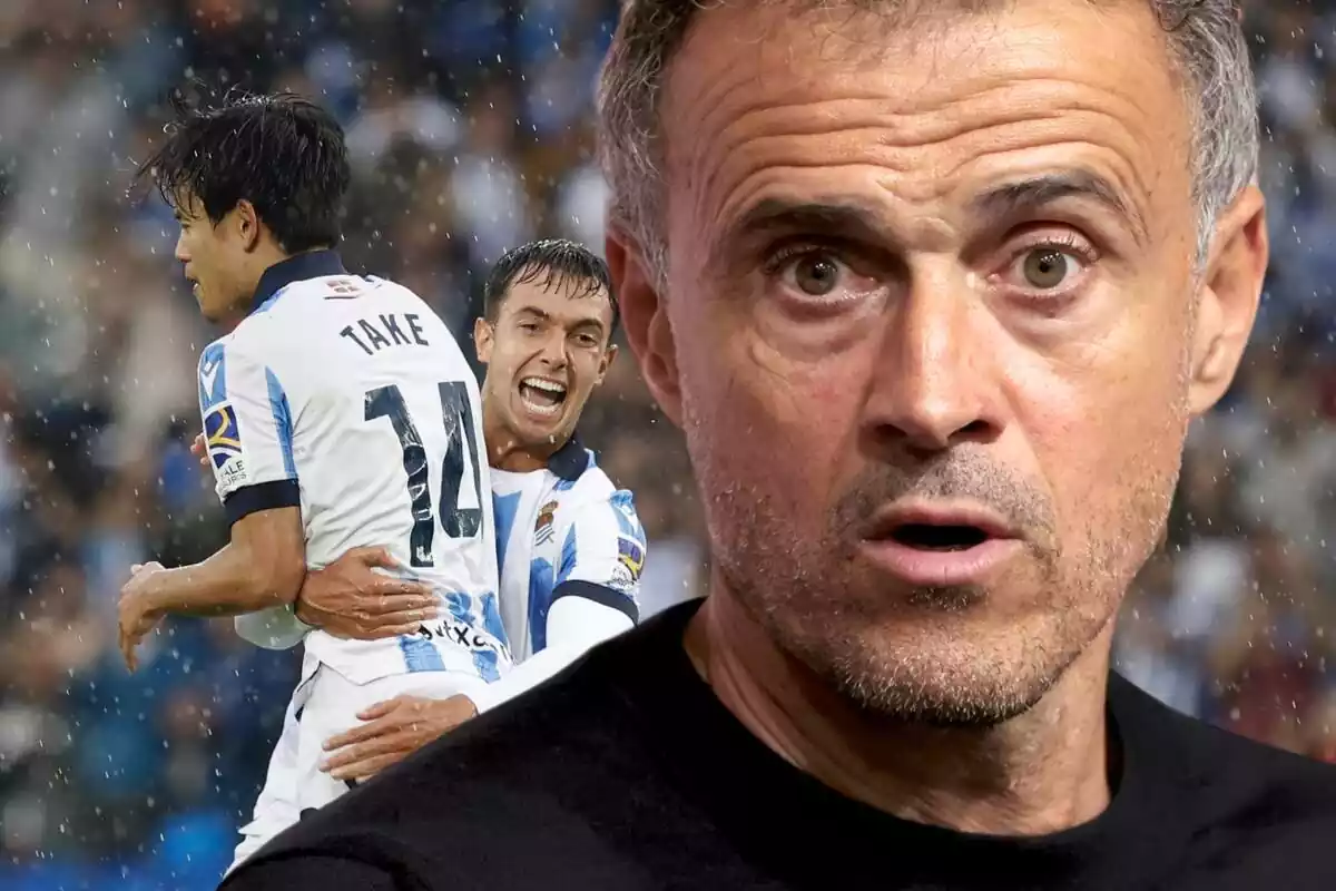 Luis Enrique amb cara de sorpresa en primer pla amb Take Kubo i Martín Zubimendi al fons celebrant