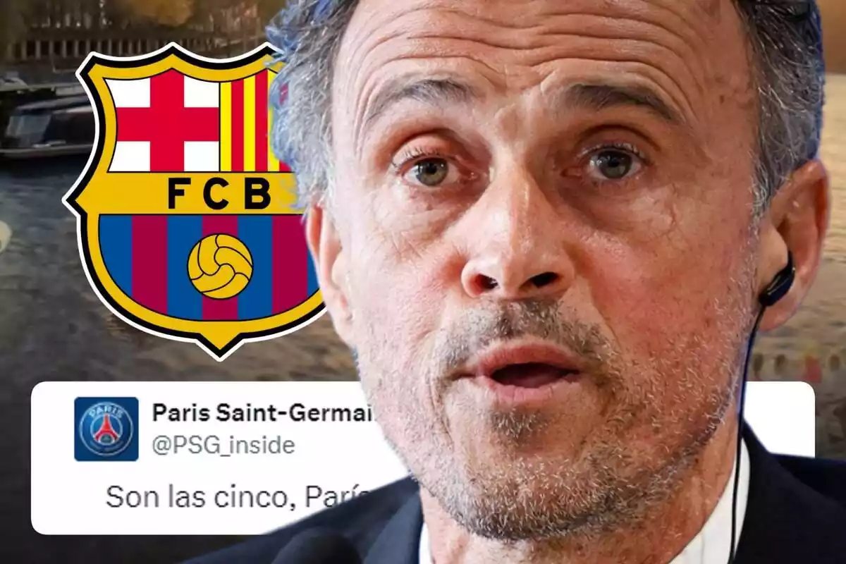 Luis Enrique en primer pla amb el missatge del PSG i l'escut del FC Barcelona