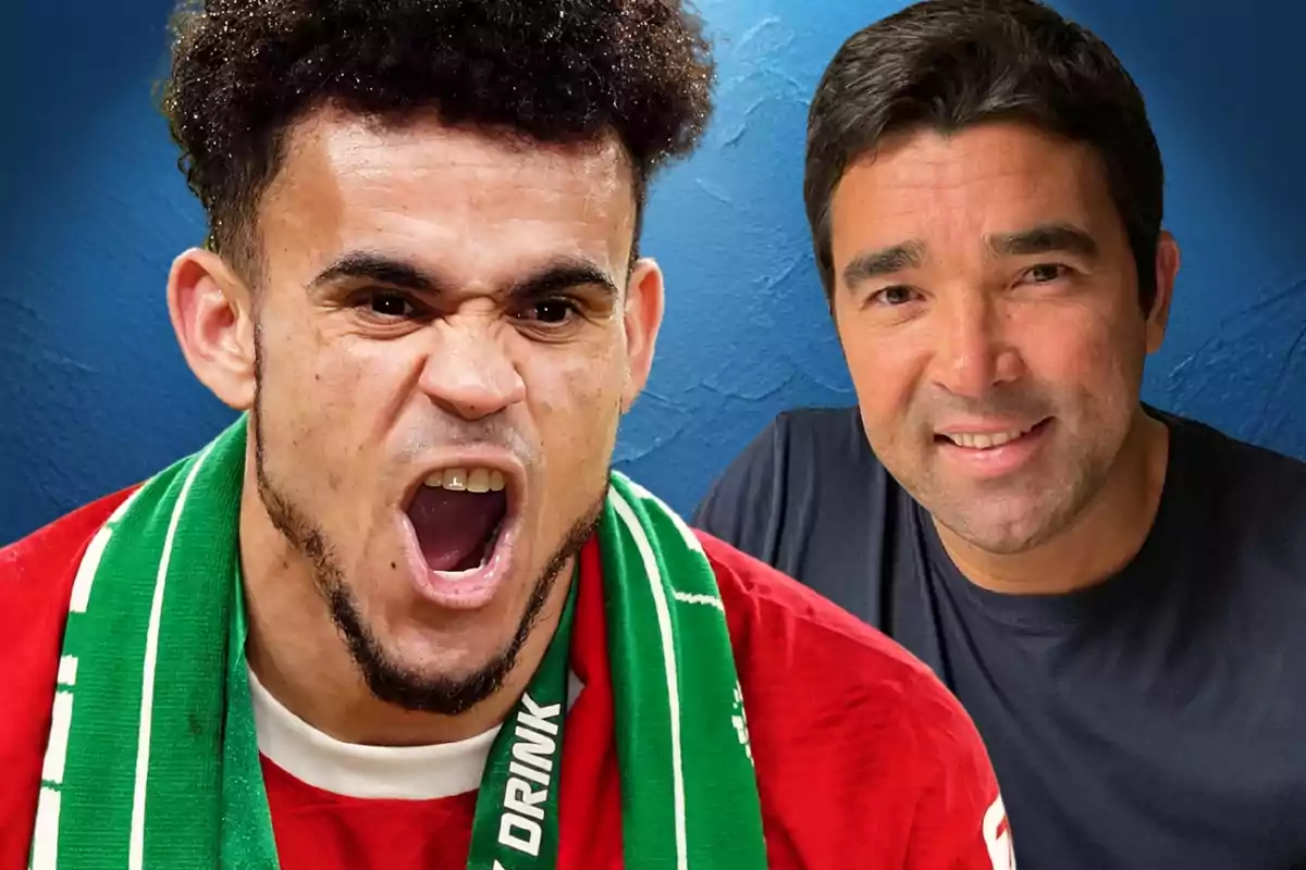 A player with a euphoric expression and a green scarf next to a smiling man in a dark jersey against a blue background