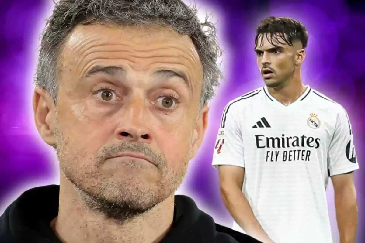 Un home de cabells canosos amb expressió seriosa en primer pla i un futbolista amb uniforme blanc del Reial Madrid al fons sobre un fons morat difuminat